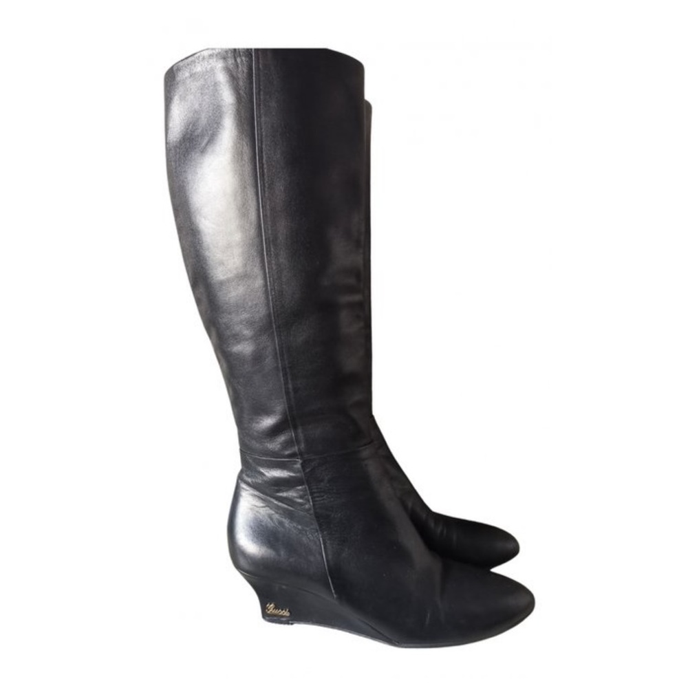 RARE Gucci Designer Black Leather Knee High Wedge Luxury Boots Size 40